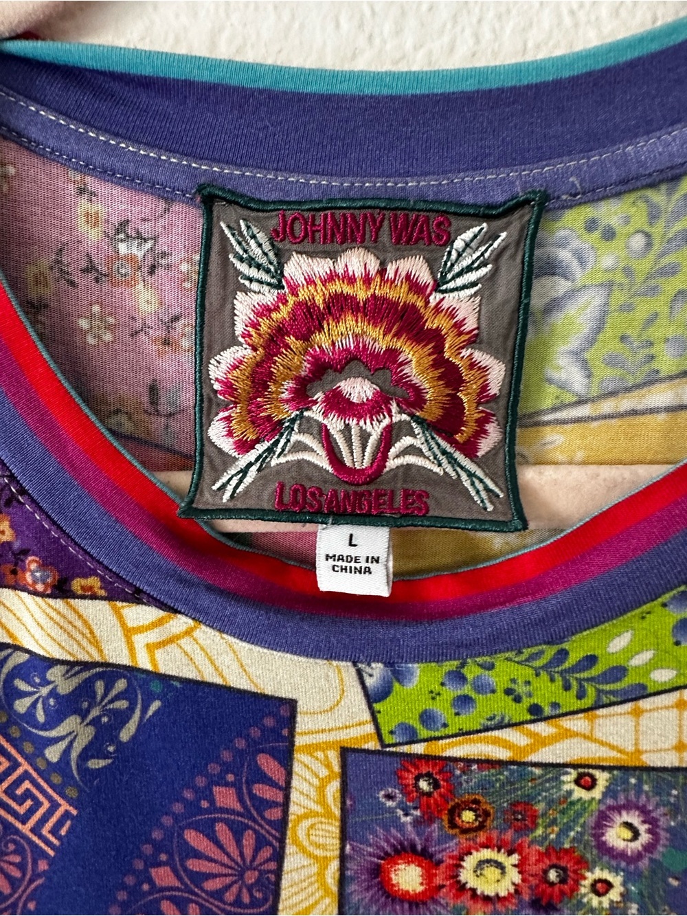 Johnny Was Purple Multicolor Patchwork Floral Tee with Embroidered Label - Picture 3 of 3